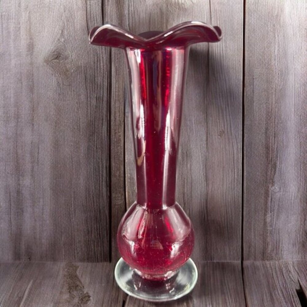 Vintage Ruby Red Crackle Art Glass‎ Vase Ruffled Top Edge Vase Vessel Glassware